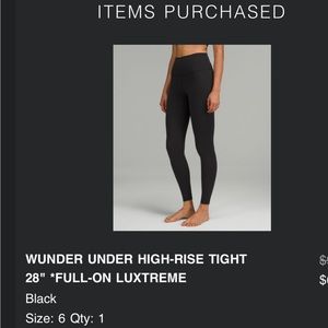 NWOT Lululemon Wunder Under Size 6 - 28” inseam black